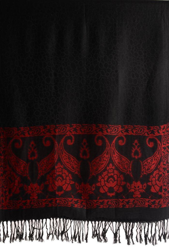 Liss Kiss Black Circles And Red Flowers On Black Pashmina With Tassels - Scarf