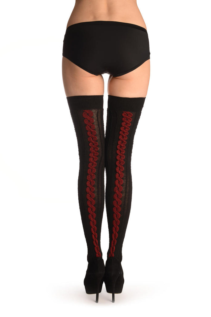 Liss Kiss Black Cotton & Burgundy Back Plait With Elasticated Top - Hold Ups