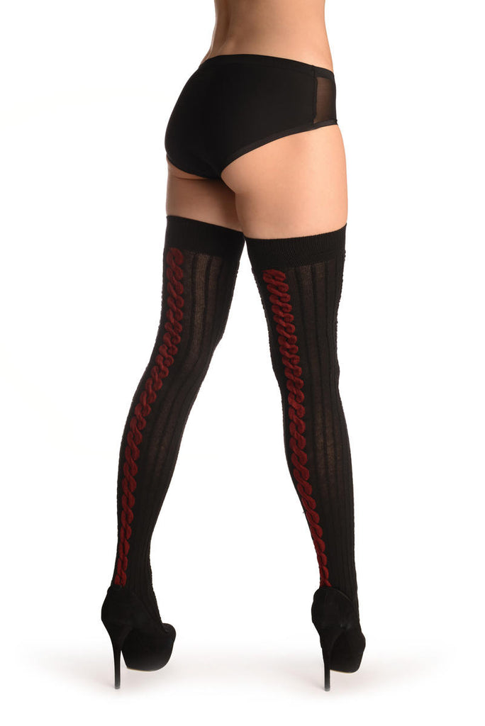 Liss Kiss Black Cotton & Burgundy Back Plait With Elasticated Top - Hold Ups