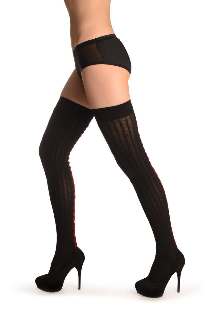 Liss Kiss Black Cotton & Burgundy Back Plait With Elasticated Top - Hold Ups