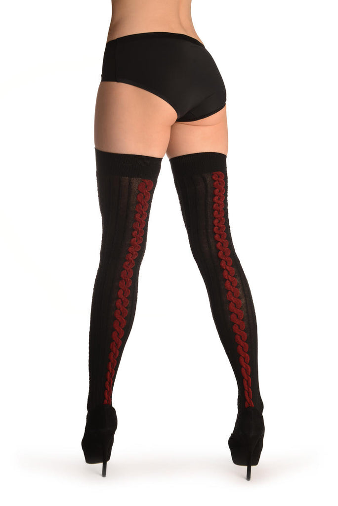liss kiss Black Cotton & Burgundy Back Plait With Elasticated Top - Hold Ups
