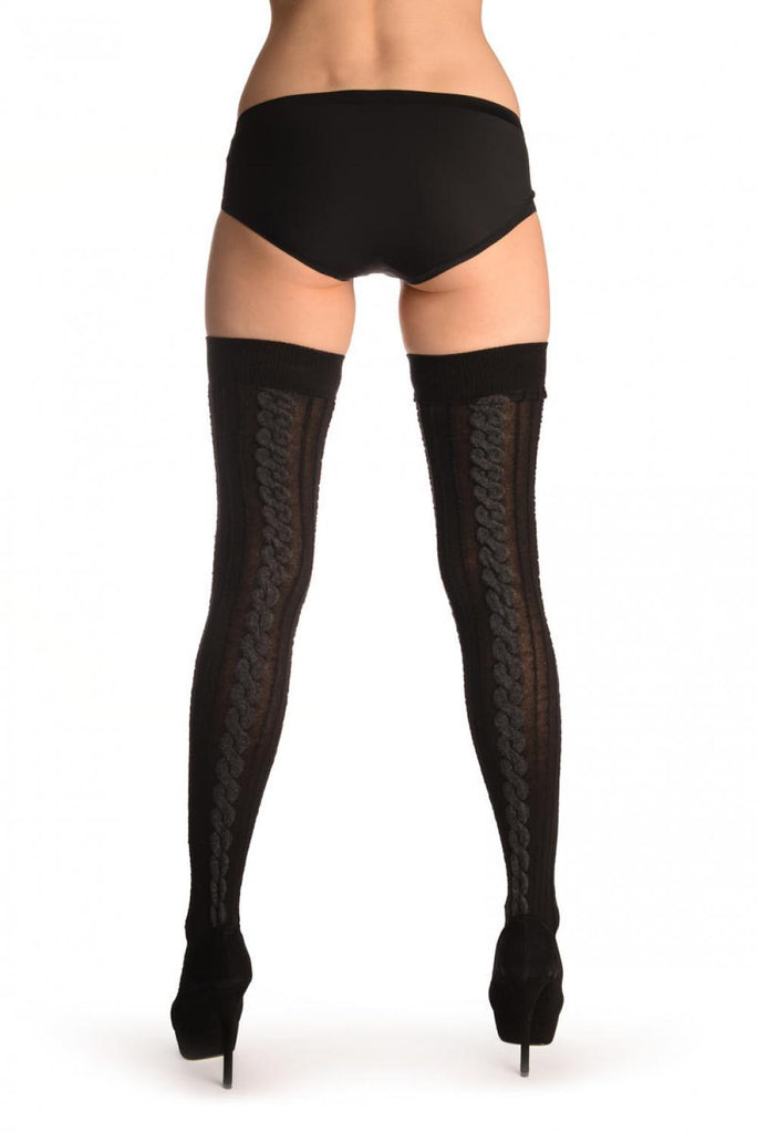 Liss Kiss Black Cotton & Dark Grey Back Plait With Elasticated Top - Hold Ups