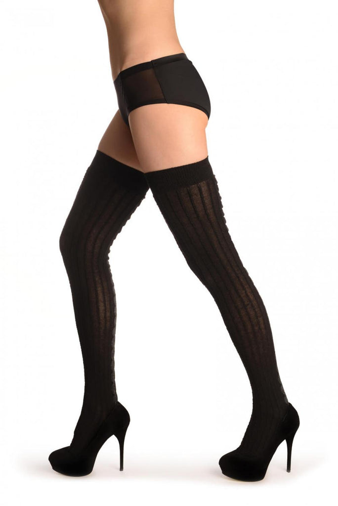 Liss Kiss Black Cotton & Dark Grey Back Plait With Elasticated Top - Hold Ups