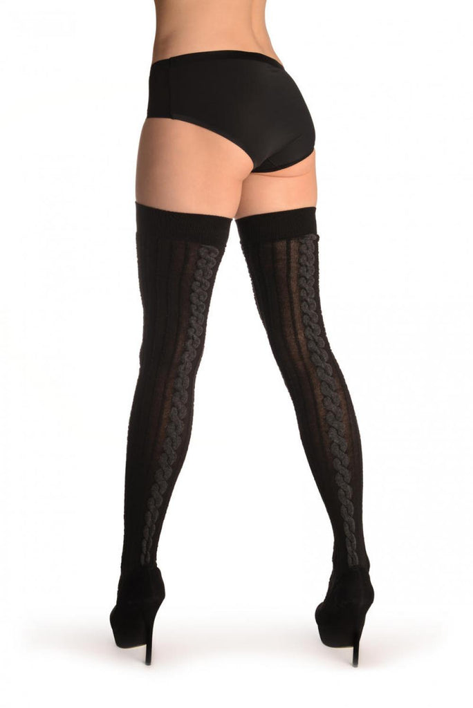 Liss Kiss Black Cotton & Dark Grey Back Plait With Elasticated Top - Hold Ups