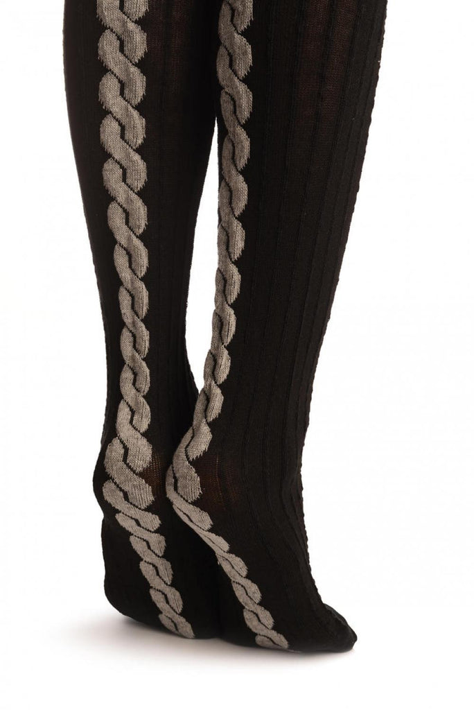 Liss Kiss Black Cotton & Grey Back Plait With Elasticated Top - Hold Ups