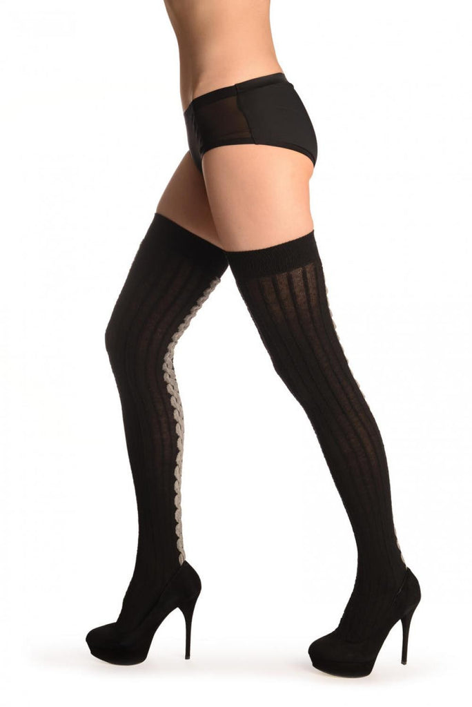 Liss Kiss Black Cotton & Grey Back Plait With Elasticated Top - Hold Ups