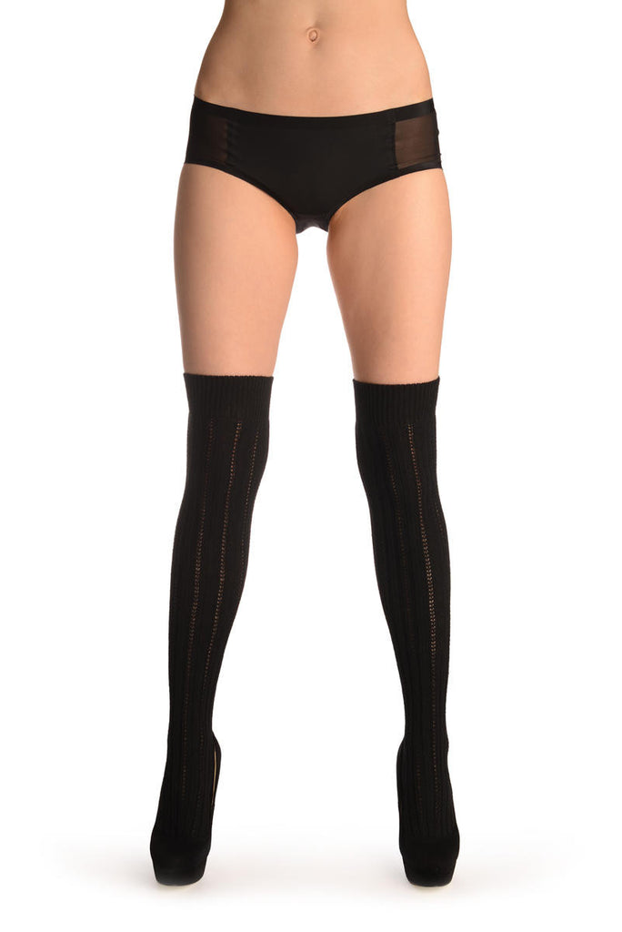 Liss Kiss Black Cotton Plaits & Stripes With Elasticated Top - Hold Ups