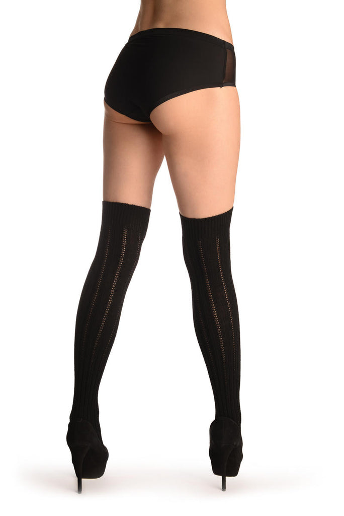 Liss Kiss Black Cotton Plaits & Stripes With Elasticated Top - Hold Ups
