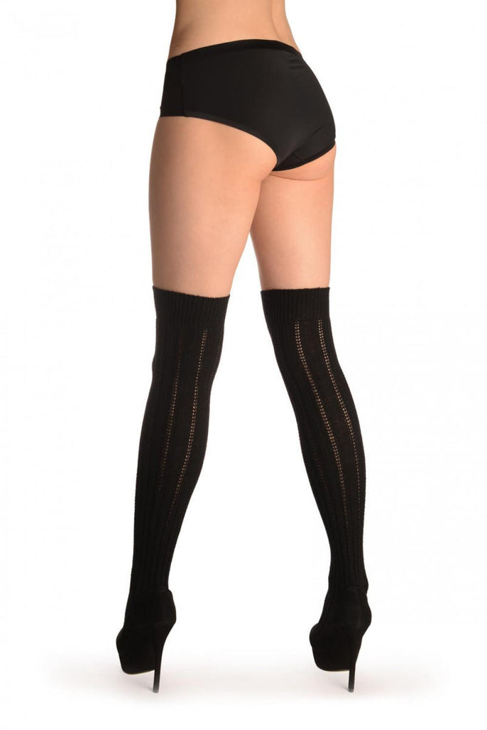 Liss Kiss Black Cotton Plaits & Stripes With Elasticated Top - Hold Ups
