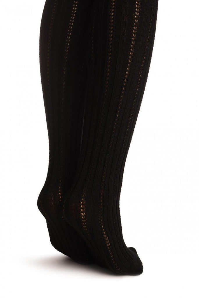 Liss Kiss Black Cotton Plaits & Stripes With Elasticated Top - Hold Ups