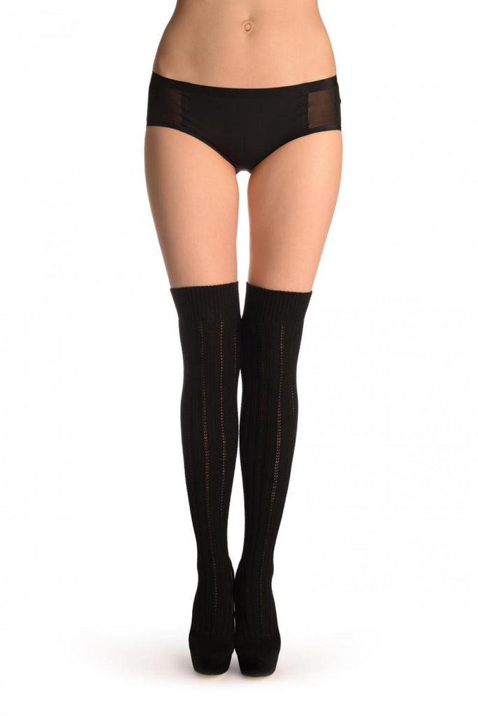 Liss Kiss Black Cotton Plaits & Stripes With Elasticated Top - Hold Ups