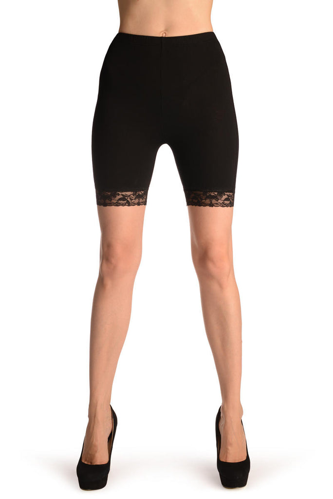Liss Kiss Black Cotton Shorts With Lace Trim - Shorts