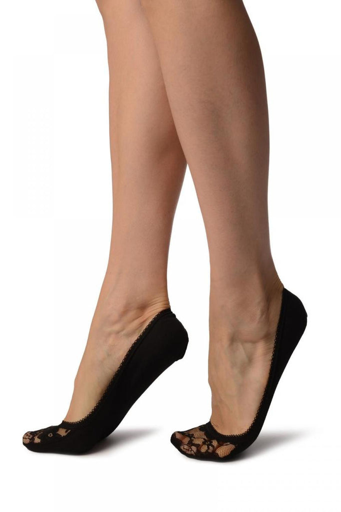 Liss Kiss Black Cotton With Floral Lace Front Footies - Footsies Socks