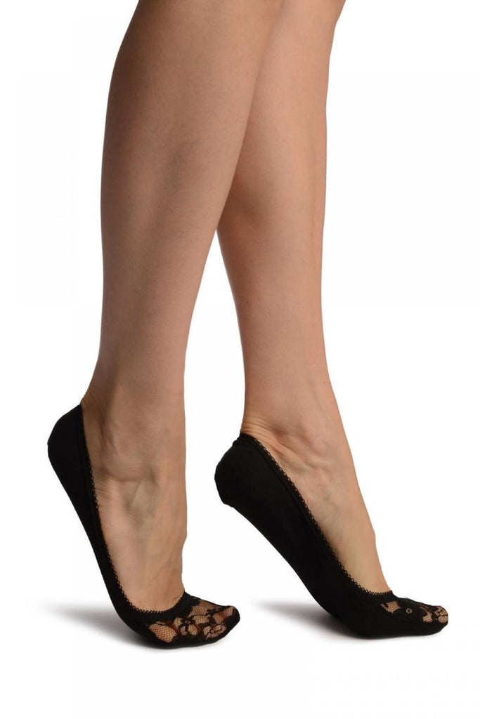 liss kiss Black Cotton With Floral Lace Front Footies - Footsies Socks