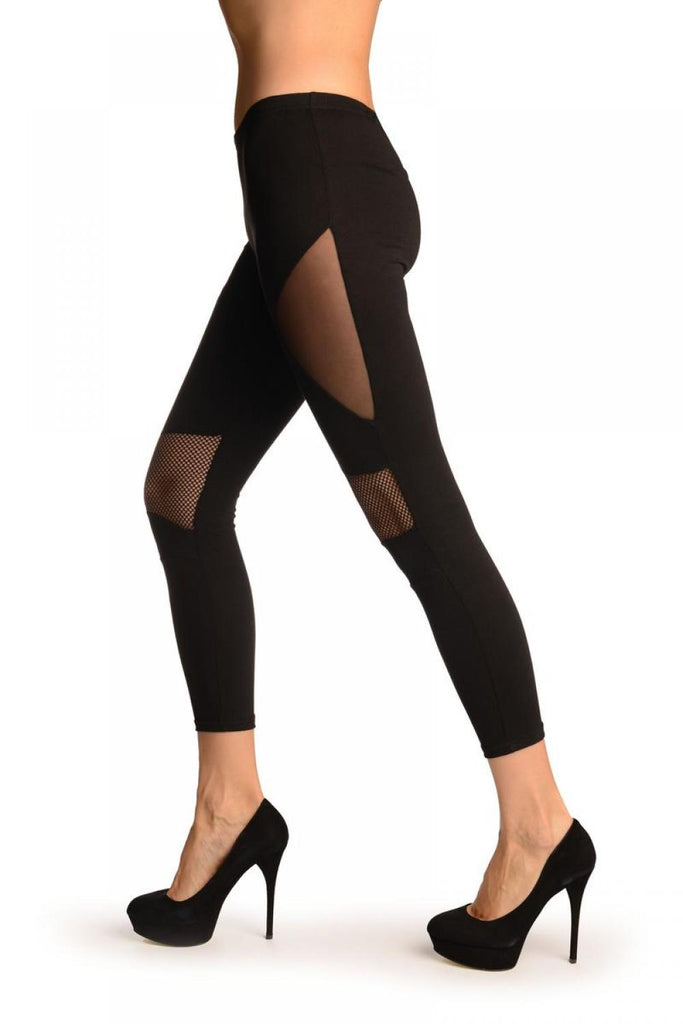 Liss Kiss Black Cotton With Small And Medium Mesh Panels Leggings - Leggings