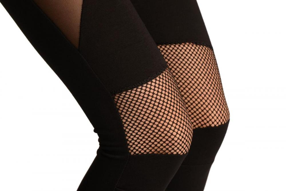 Liss Kiss Black Cotton With Small And Medium Mesh Panels Leggings - Leggings