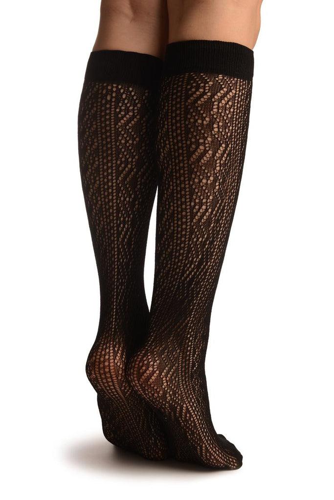 Liss Kiss Black Crochet Lace Stripes Socks Knee High - Socks