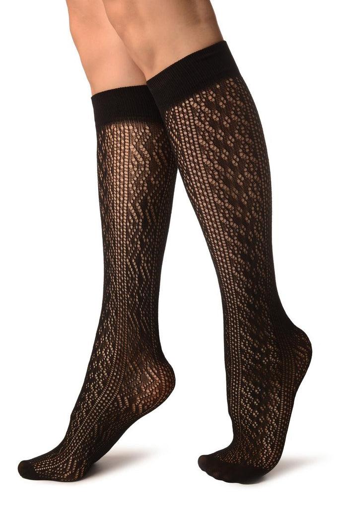 Liss Kiss Black Crochet Lace Stripes Socks Knee High - Socks