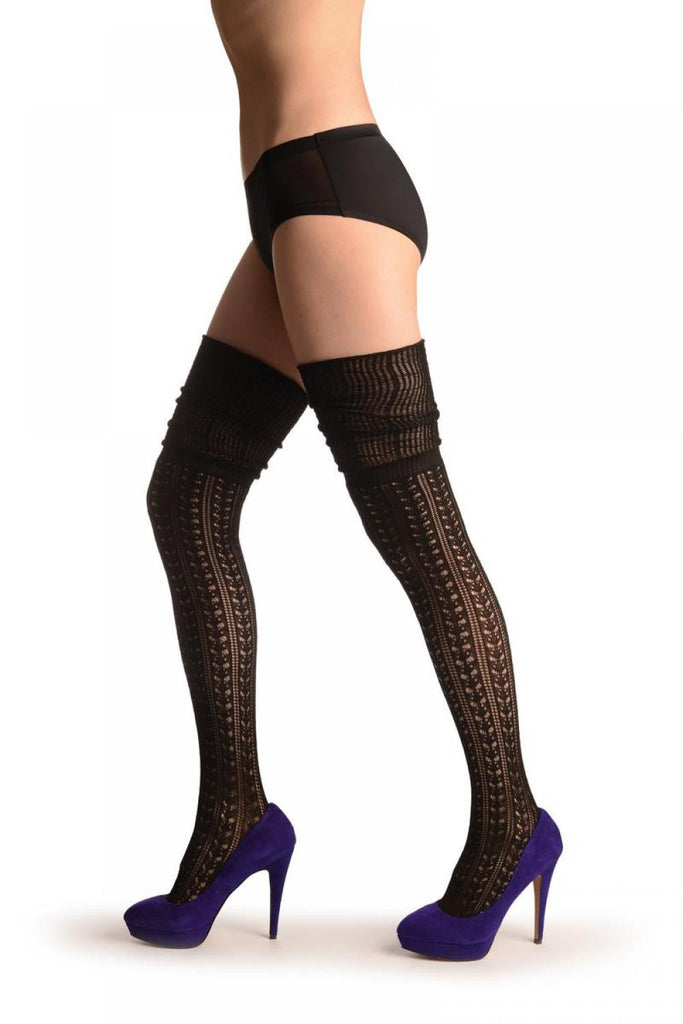 Liss Kiss Black Crochet Lace With Extended Top - Over The Knee Socks