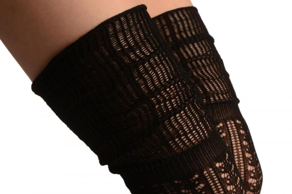Liss Kiss Black Crochet Lace With Extended Top - Over The Knee Socks
