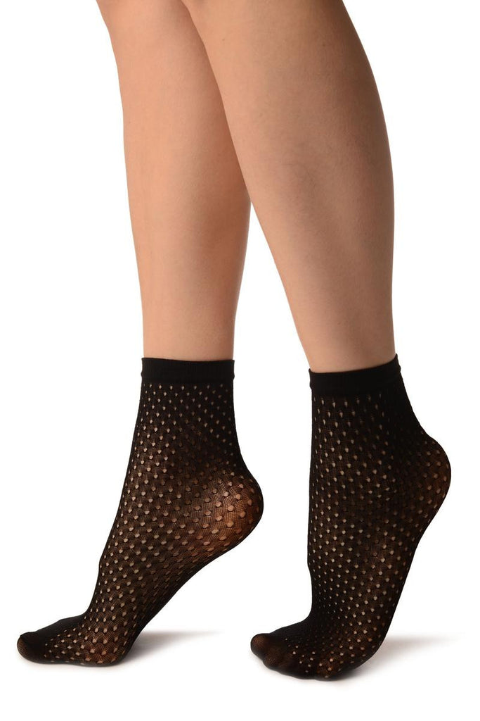Liss Kiss Black Crochet Polka Dots Lace Top Ankle High Socks - Socks
