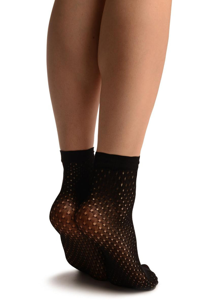 Liss Kiss Black Crochet Polka Dots Lace Top Ankle High Socks - Socks