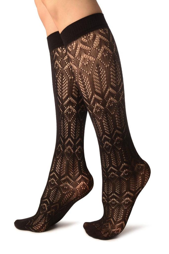 Liss Kiss Black Crochet Rhomb & Plait Socks Knee High - Socks