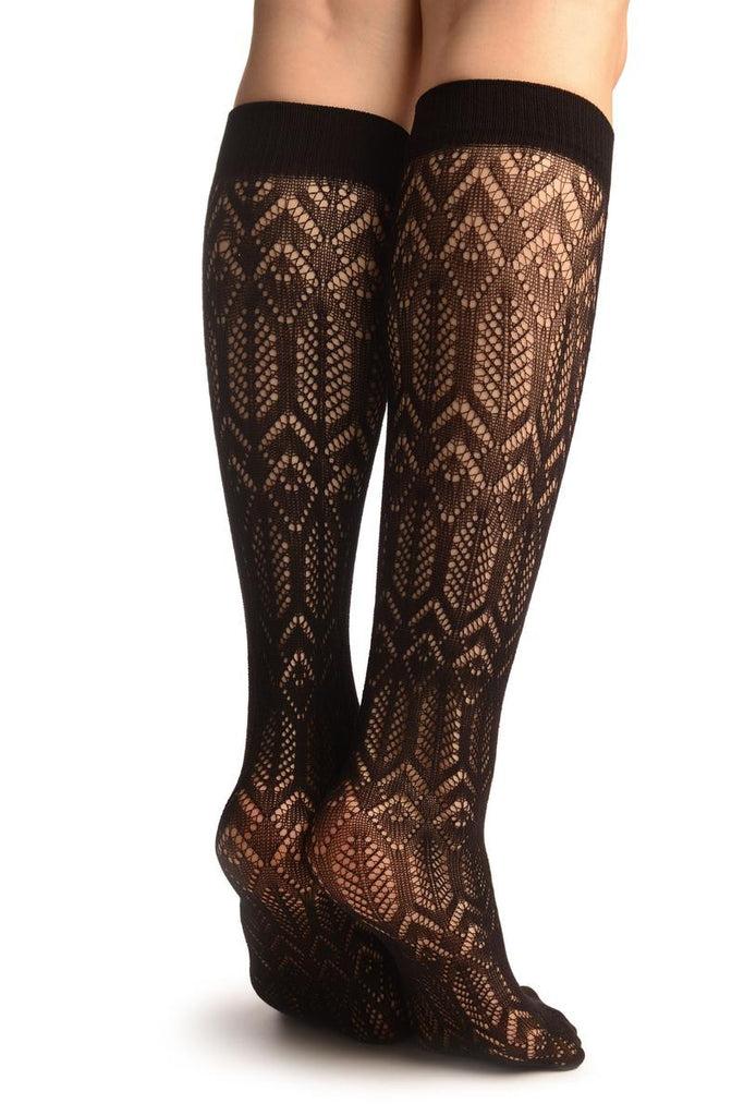 Liss Kiss Black Crochet Rhomb & Plait Socks Knee High - Socks