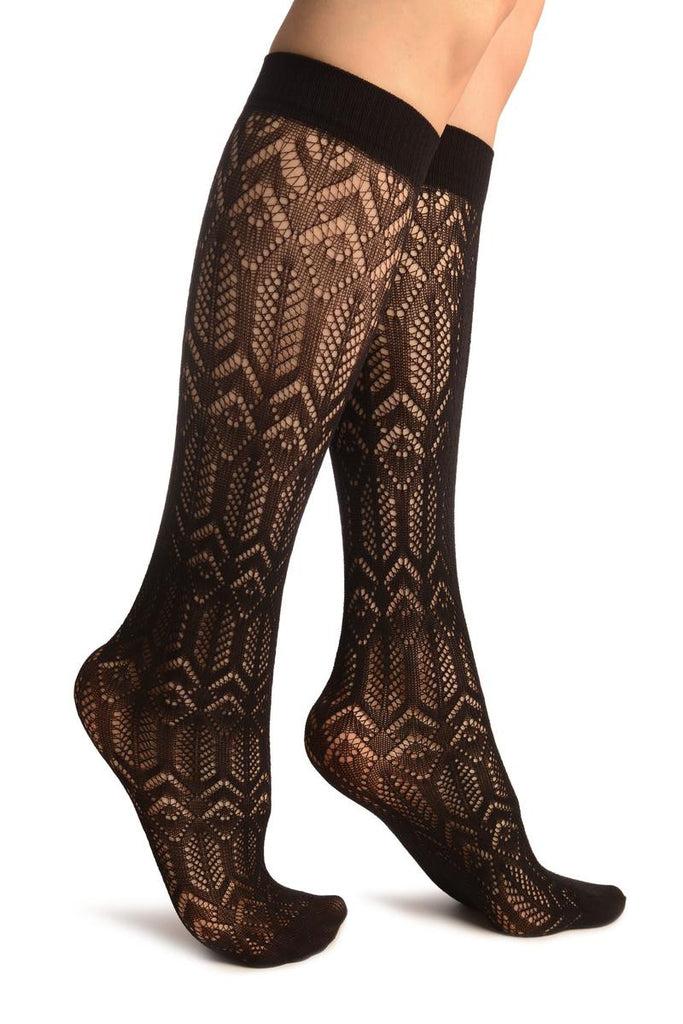 liss kiss Black Crochet Rhomb & Plait Socks Knee High - Socks