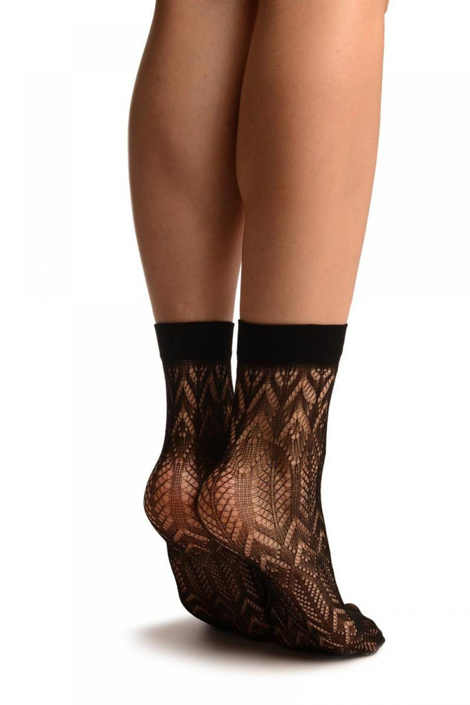 Liss Kiss Black Crochet Rhombs Lace Ankle High Socks - Socks