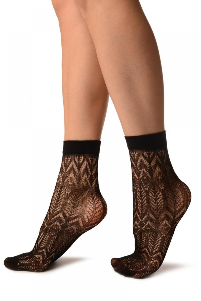 Liss Kiss Black Crochet Rhombs Lace Ankle High Socks - Socks
