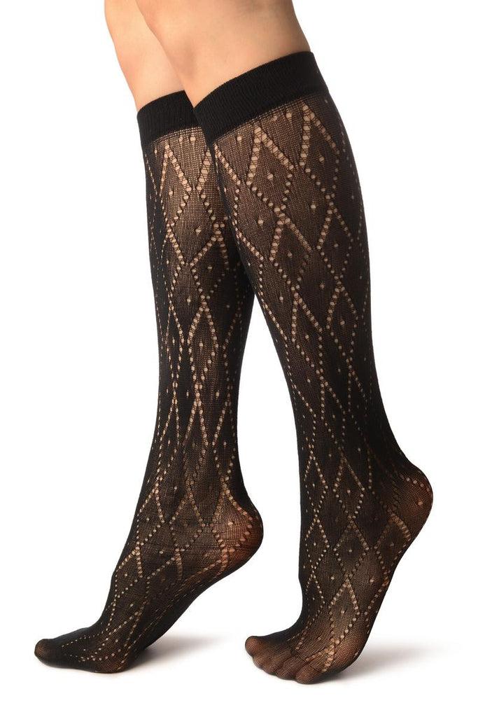Liss Kiss Black Crochet Rhombs Socks Knee High - Socks