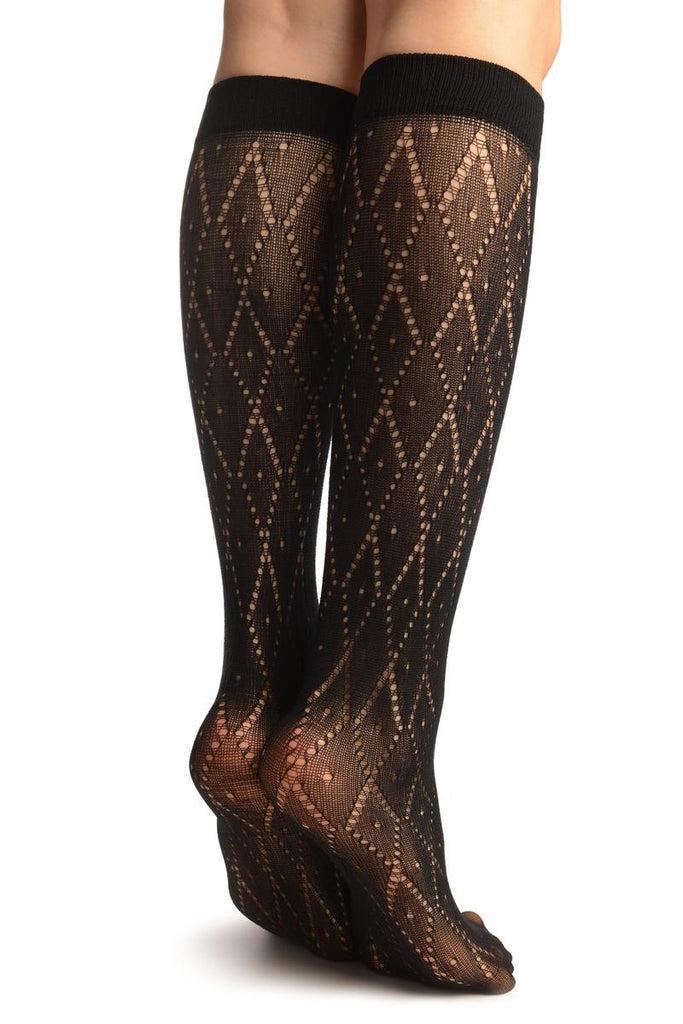 Liss Kiss Black Crochet Rhombs Socks Knee High - Socks