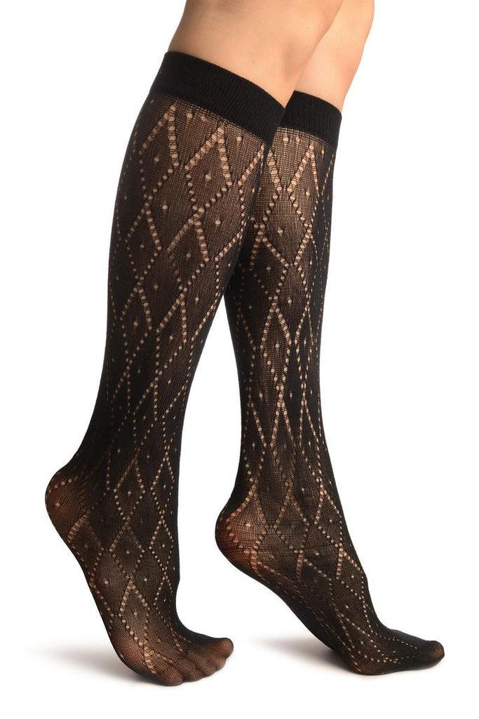 liss kiss Black Crochet Rhombs Socks Knee High - Socks