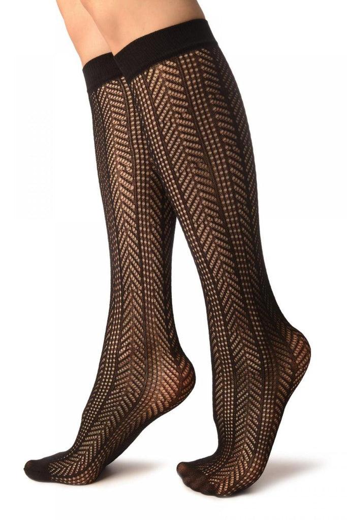 Liss Kiss Black Crochet Stripes Socks Knee High - Socks