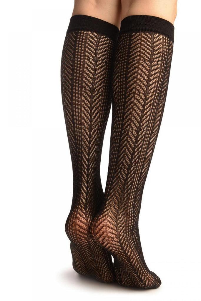 Liss Kiss Black Crochet Stripes Socks Knee High - Socks