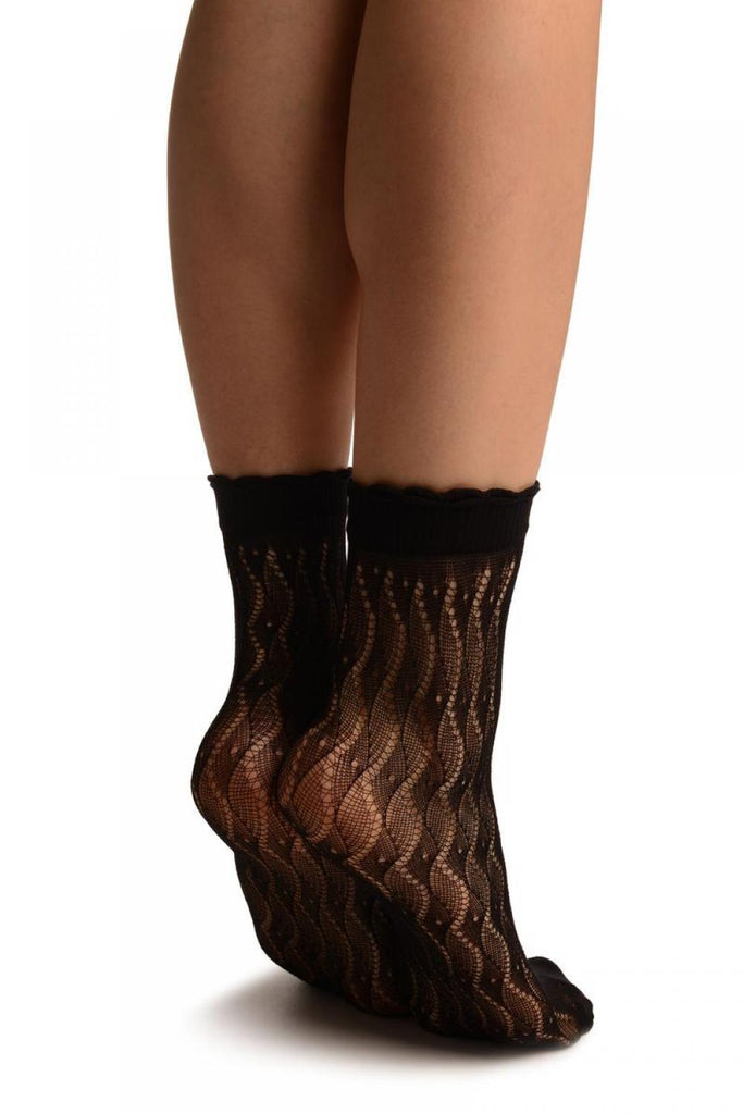 Liss Kiss Black Crochet Waves Lace Top Ankle High Socks - Socks