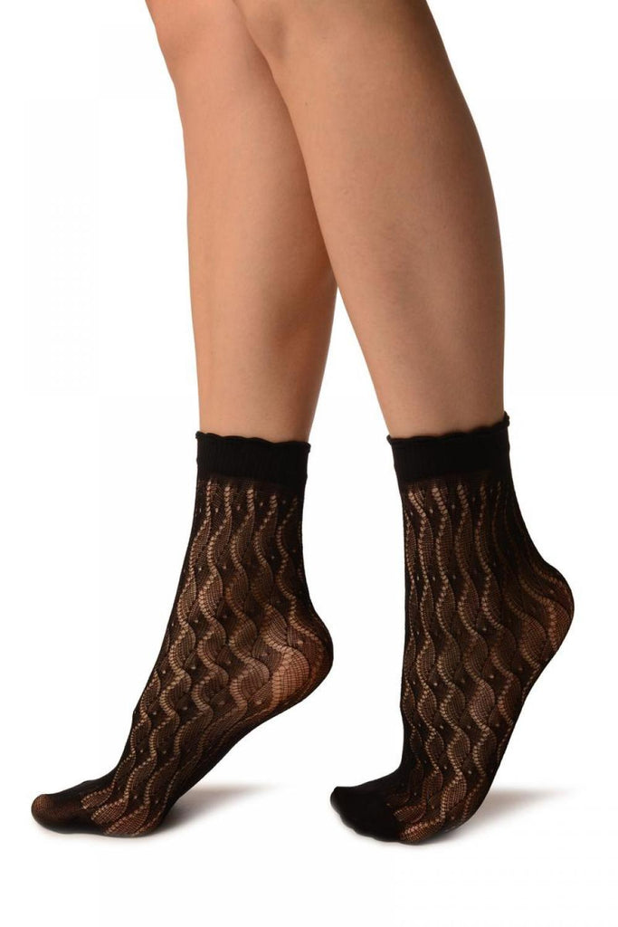 Liss Kiss Black Crochet Waves Lace Top Ankle High Socks - Socks