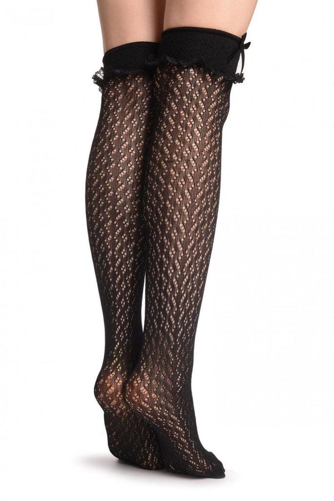 Liss Kiss Black Crochet With Black Lace & Bow - Over The Knee Socks
