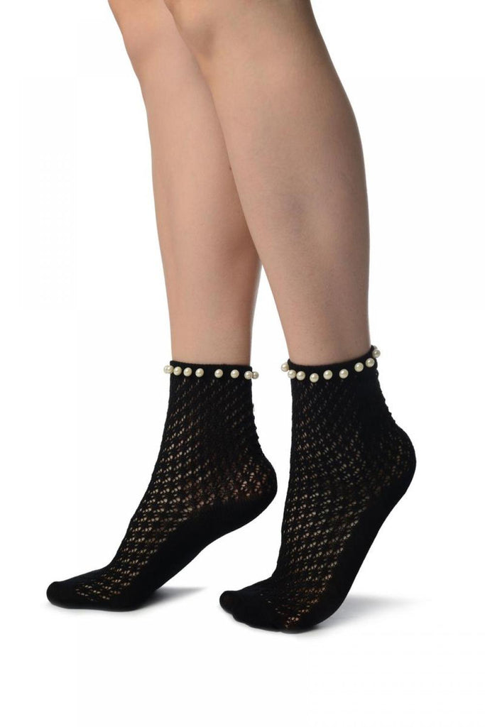 Liss Kiss Black Crochet With Pearls Ankle High Socks - Socks