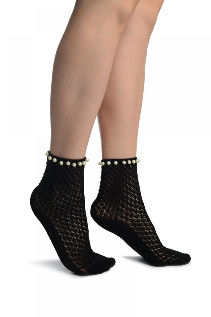 liss kiss Black Crochet With Pearls Ankle High Socks - Socks
