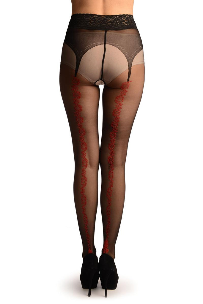 Liss Kiss Black Crotchless With Floral Seam &Silicon Lace Top Tights - Tights