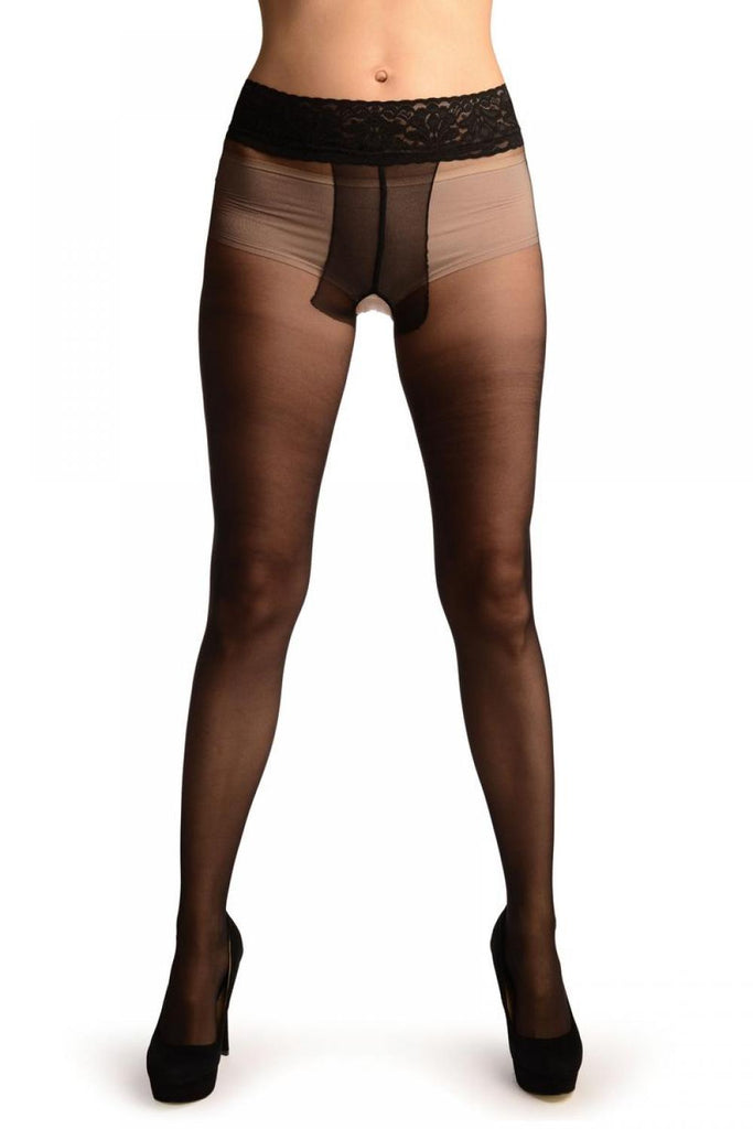 liss kiss Black Crotchless With Floral Silicon Lace Top Tights - Tights