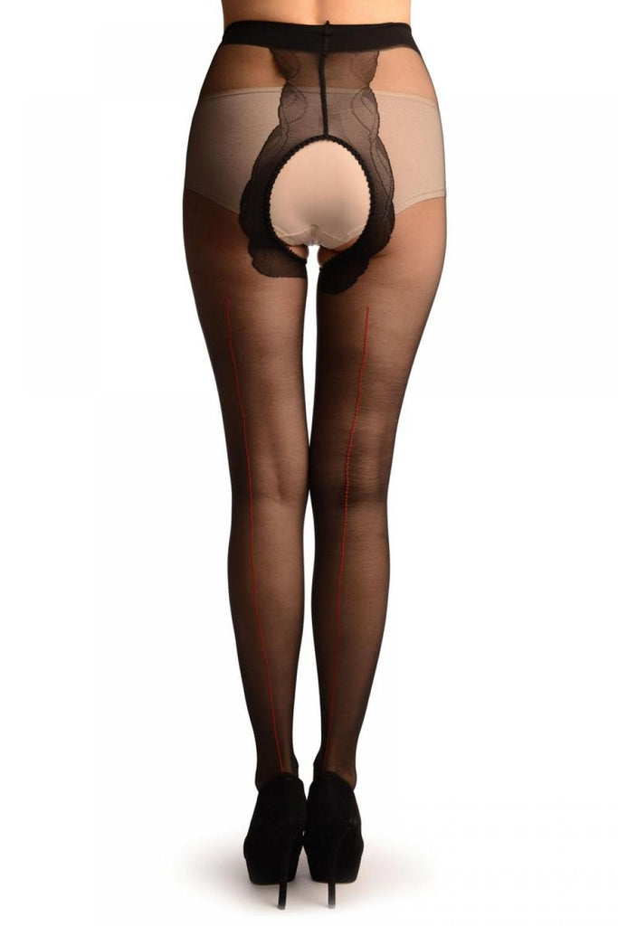 Liss Kiss Black Crotchless With Red Seam Tights - Tights