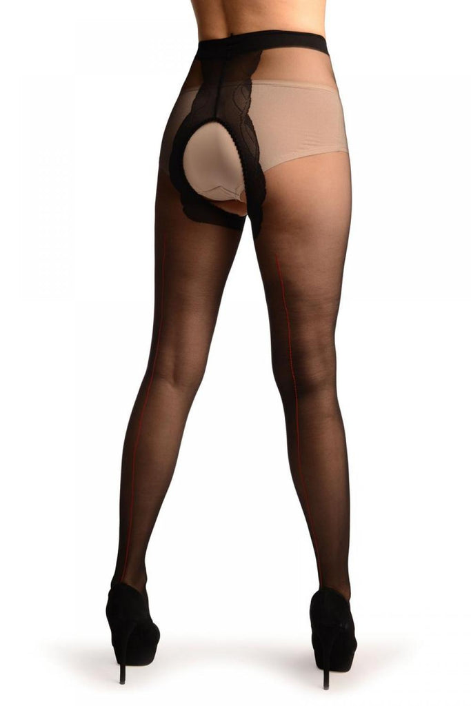 Liss Kiss Black Crotchless With Red Seam Tights - Tights