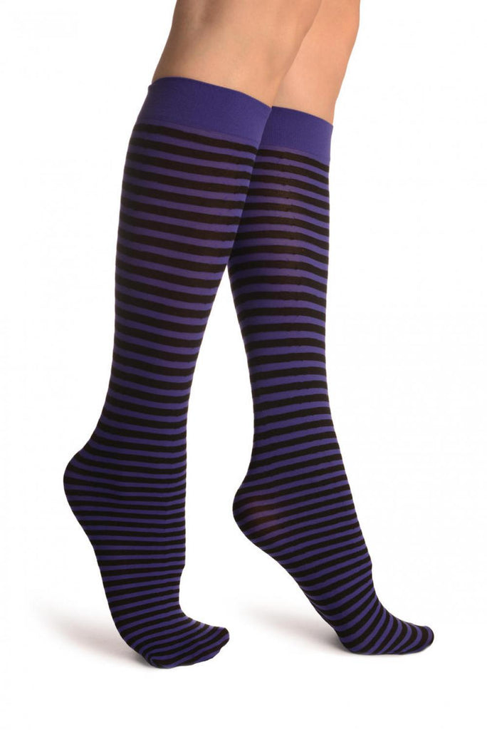 Liss Kiss Black & Dark Purple Thin Stripes Socks Knee High - Socks
