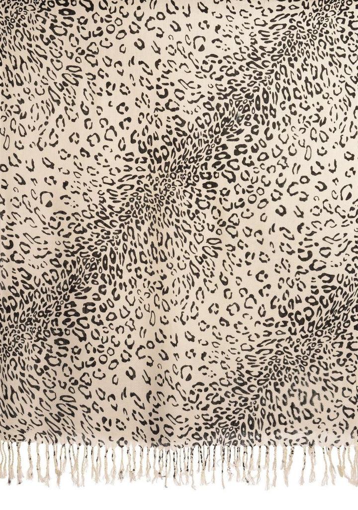 Liss Kiss Black Diagonal Leopard On White Pashmina Feel With Tassels - Scarf