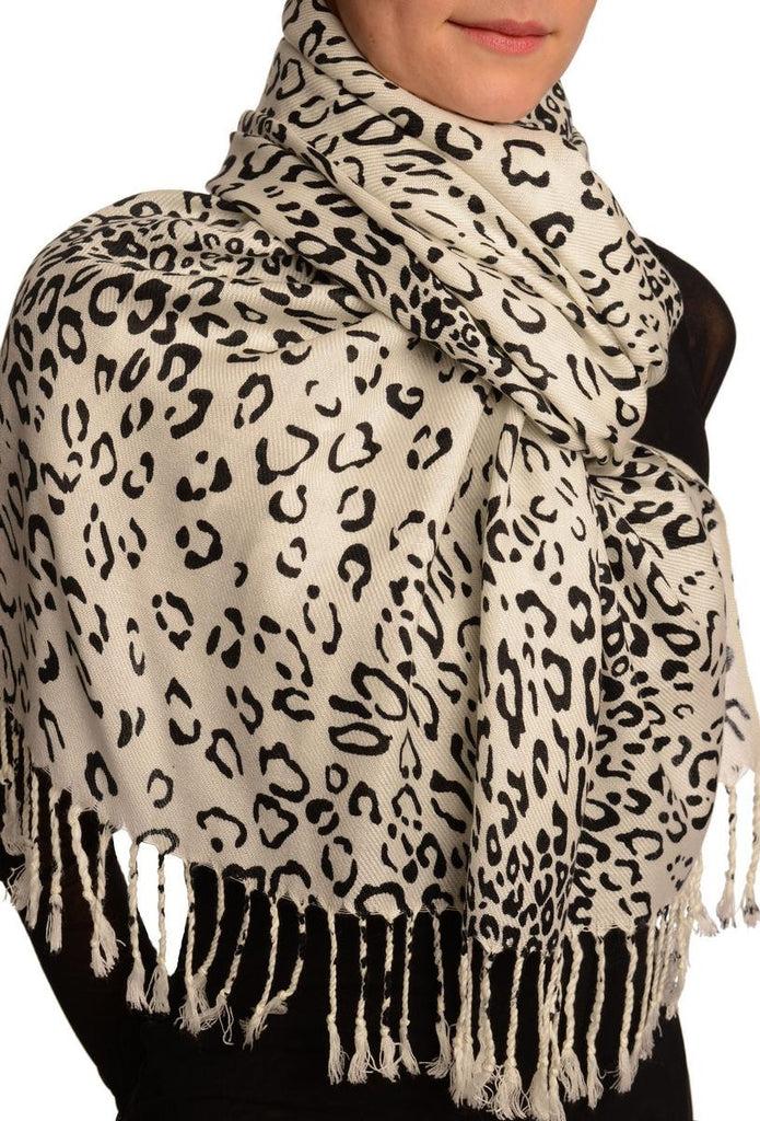 Liss Kiss Black Diagonal Leopard On White Pashmina Feel With Tassels - Scarf