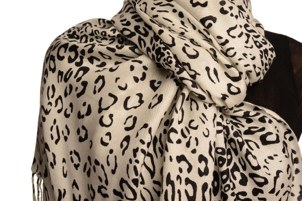 Liss Kiss Black Diagonal Leopard On White Pashmina Feel With Tassels - Scarf