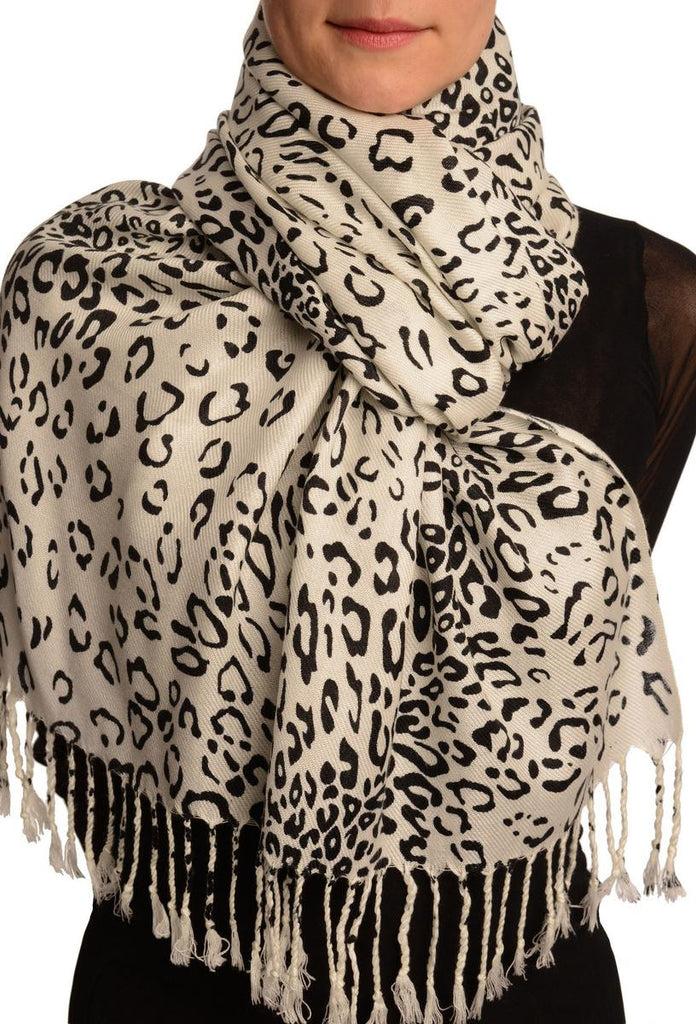 Liss Kiss Black Diagonal Leopard On White Pashmina Feel With Tassels - Scarf